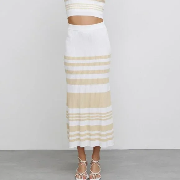 Significant Other Sage Striped Rib Knit Midi Skirt Womens 6 White Cream Beachy - Picture 1 of 11